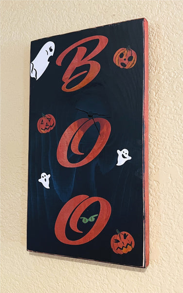 Festive Halloween "Boo" Wood Sign, Creative stain and acrylic paint with pumpkins and ghosts