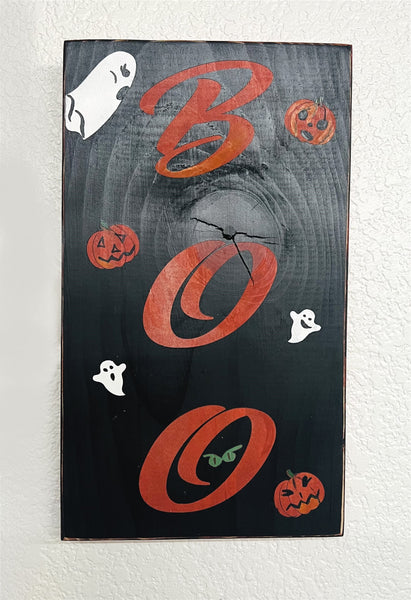 Festive Halloween "Boo" Wood Sign, Creative stain and acrylic paint with pumpkins and ghosts