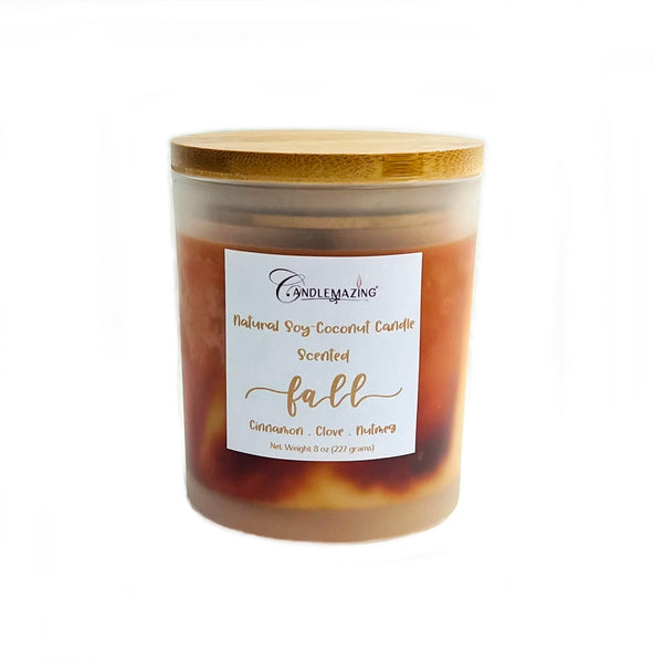 Beautiful Blend of Coconut and Soy wax make this lovely Fall scented candle with notes of cinnamon, clove, nutmeg and more