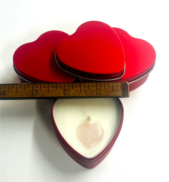 Set of 3 Heart Shaped Tins filled with scented soy candles, Coffee Shoppe candle holds a heart shaped Heart Rose Quartz Crystal