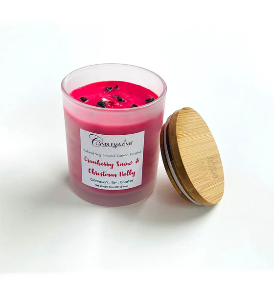 Coconut Soy Blended 8 ounce candle, Cranberry Snow & Christmas Holly Fragrance, 8 ounce frosted jar with bamboo lid