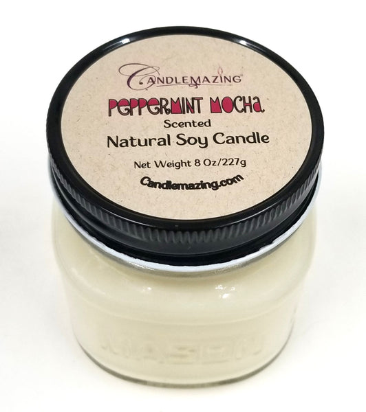 Candlemazing Peppermint Mocha Scented Soy Candle in 8 oz Mason Jar with Lid