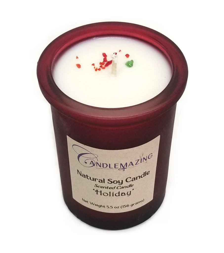 Holiday Scented soy way candle in festive red frosted recycled glass jar with cork lid packaged in white box