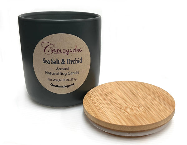 Ceramic Tumbler with Bamboo Lid, Sea Salt & Orchid Fragrance - Candlemazing