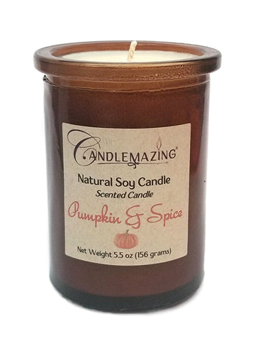 Natural Soy Candle Pumpkin & Spice Scent in Brown Glass jar with cork lid