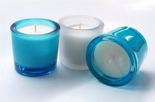 Candlemazing Set of 3 Heavy Glass Votive Candles, 2 Aqua, 1  Clear Frosted, 3 Scents